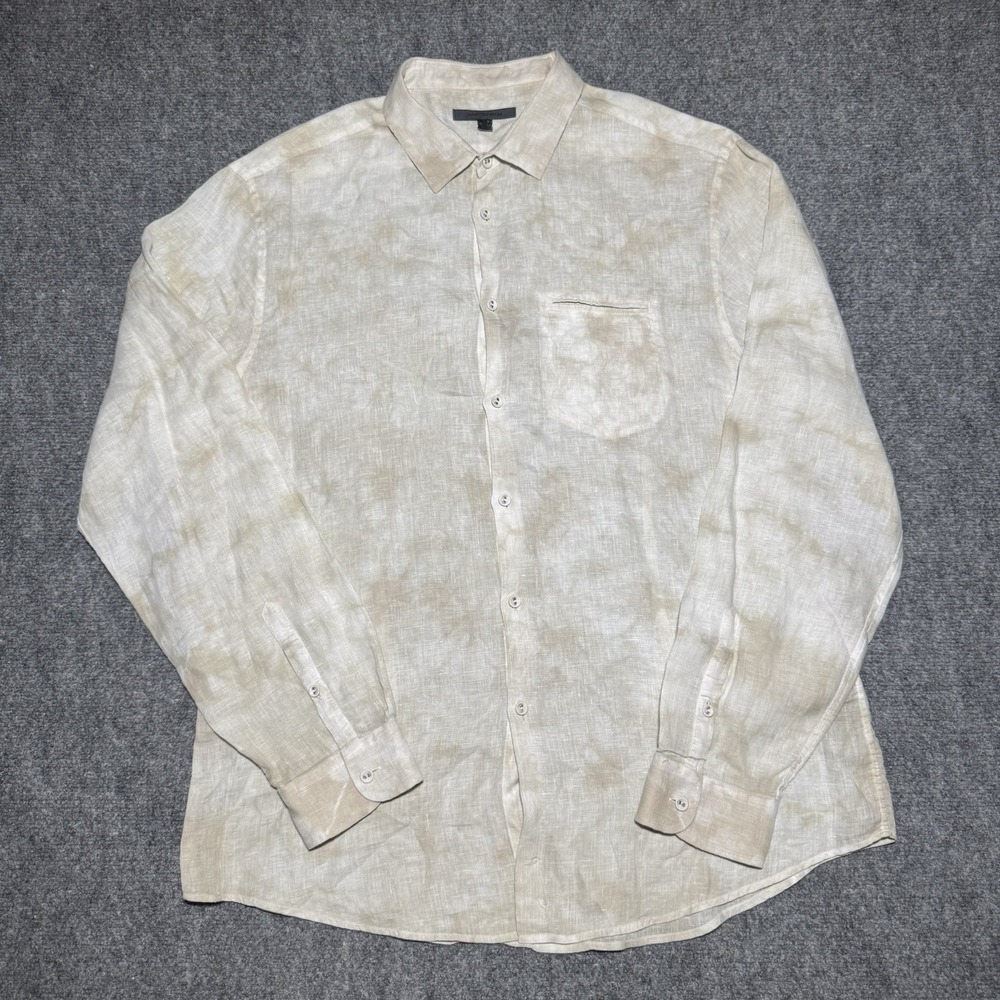 John Varvatos Ivory Brown Tie Dye Long Sleeve 100% Linen Button Up Men Large